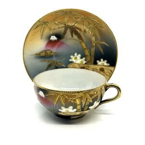 Vintage Japanese Sami And Karina Hand Painted Teacup And Saucer Mount Fuji Motif
